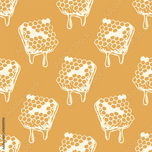 Seamless pattern with hand drawn honeycomb pieces and dripping honey on orange background. Repeating vector design for food and natural products. Honey and beekeeping concept