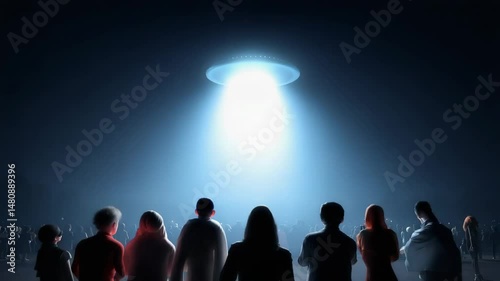 UFO lands on earth at night. Crowds of people meet UFO. People watch the landing of a space saucer. Ufo day concept.	