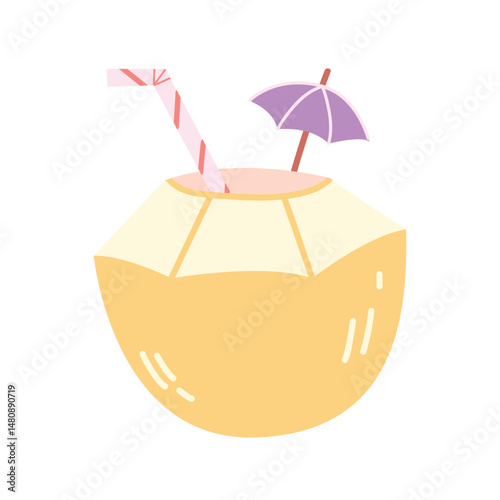 Hand drawn tropical coconut drink with a straw and umbrella. Cute and minimal summer design in pastel tones. Perfect for vacation, beach, or poolside visuals.