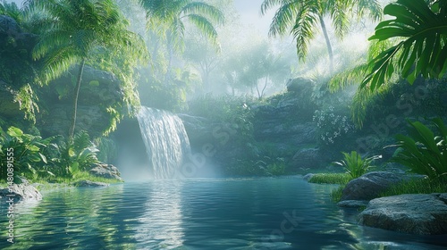 Tranquil waterfall in lush tropical paradise sunlight through mist green foliage calm water nature scene