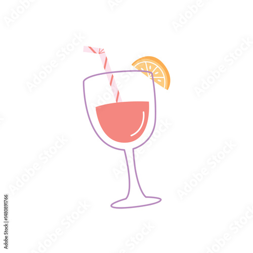 Cute hand drawn summer cocktail in a pastel glass with lemon slice. Minimal and fresh illustration in pink and yellow tones. Perfect for vacation, party or drink menu design.
