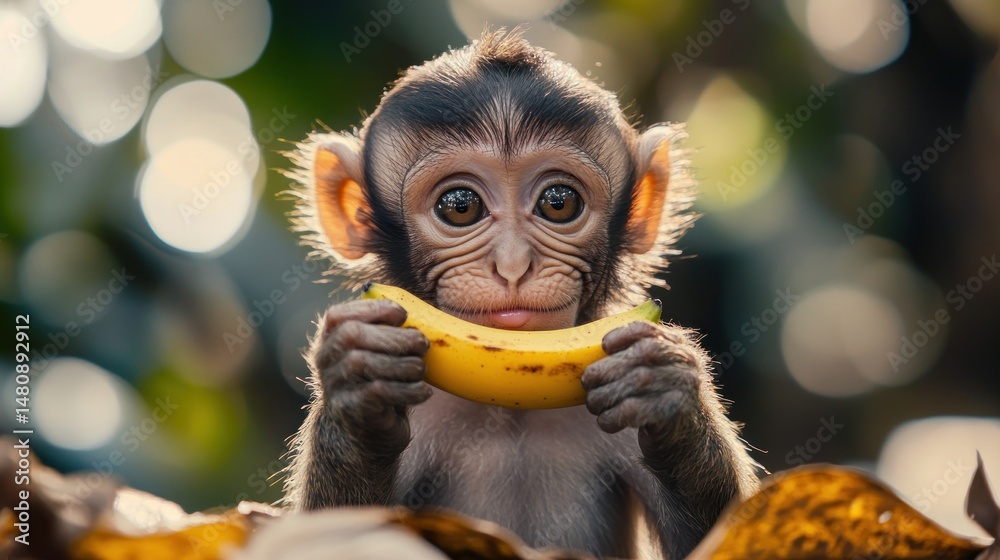 Fototapeta premium Adorable baby monkey eating banana closeup wildlife photography