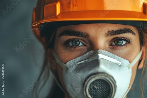 Close-Up of Female Builder in Hard Hat and Respirator Mask Amidst Construction Setting