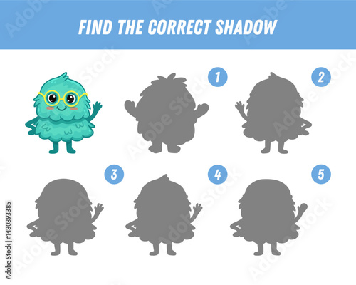 Find correct shadow of cute blue monster. Educational logical game for kids. Halloween game. Cartoon monster. Vector
