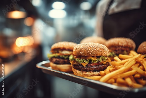 A delectable selection of gourmet burgers and crispy fries presented on a tray, ready to be served in a bustling restaurant setting, evoking a sense of indulgence and satisfaction.
