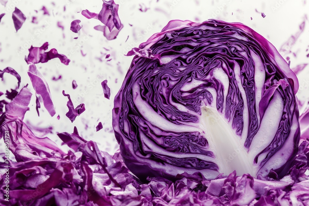 Obraz premium Close up of a sliced red cabbage showing its vibrant purple leaves and intricate texture