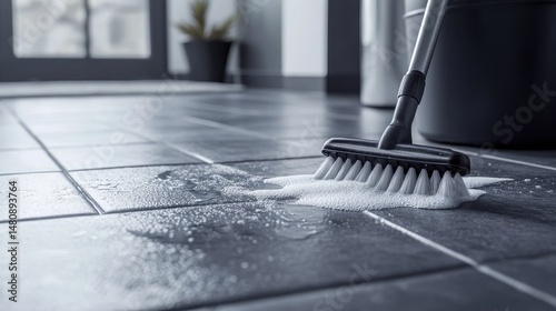 Wallpaper Mural Detailed View of a Caucasian Cleaner Scrubbing Grout with a Brush and Soapy Solution on Black Bathroom Tiles Torontodigital.ca