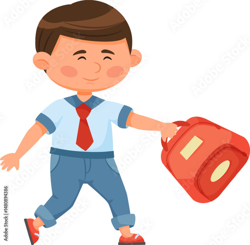 Cheerful schoolboy wearing a uniform and red tie, walking happily while holding a red schoolbag. Capturing the essence of back to school excitement and the joy of learning