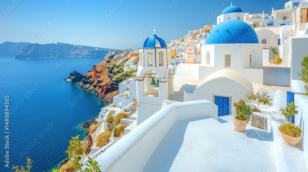 Fototapeta premium Sun-drenched Aegean island village, whitewashed buildings, blue-domed churches perched on cliffs overlooking the vibrant sea