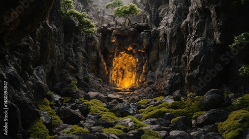 Glowing cave entrance in rocky gorge mysterious golden light mossy rocks nature landscape