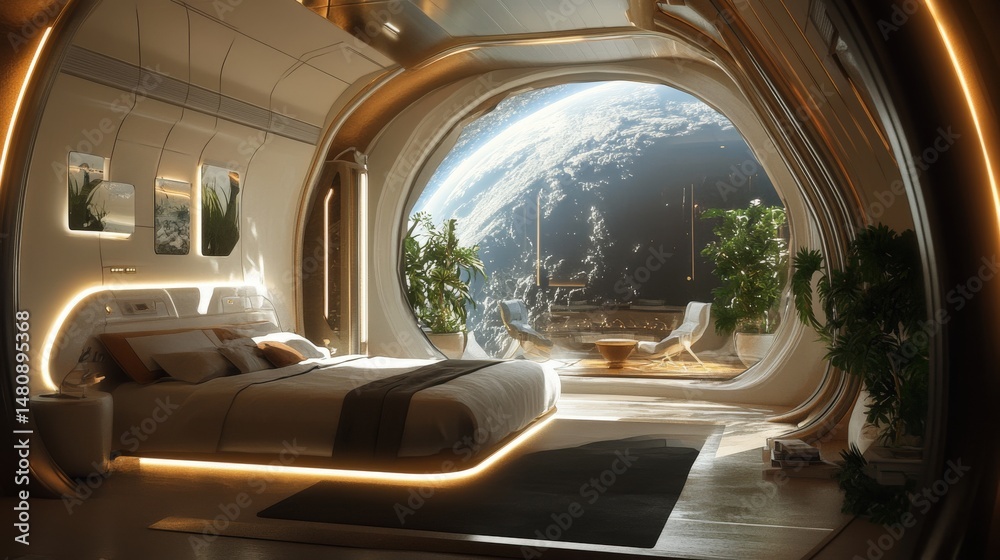 Fototapeta premium Futuristic bedroom with expansive panoramic views.