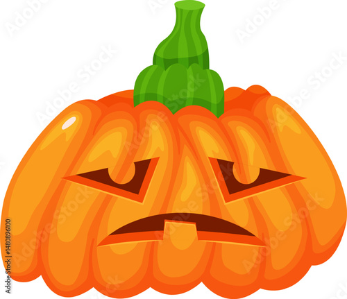 Sad carved Halloween pumpkin with a green stem, conveying negative emotions, serves as a perfect addition to spooky and humorous Halloween projects, enhancing festive designs and celebrations