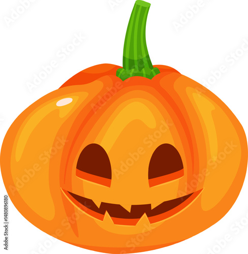 Orange halloween pumpkin with carved smiling face and green stem isolated on white background, representing the spirit of celebration and spooky season