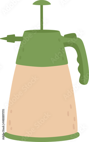 Gardening pressure sprayer with green top and handle and beige body, featuring a nozzle and pump for targeted spraying of plants and flowers