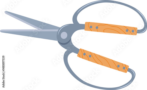 Gardening shears with wooden handles cutting a branch, ideal for pruning plants and flowers, perfect for gardening and horticulture enthusiasts