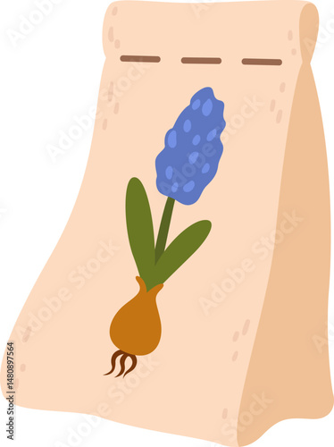 Beige paper bag filled with muscari bulbs and seedlings, showcasing vibrant green leaves and striking blue flowers, perfect for planting in gardens or pots