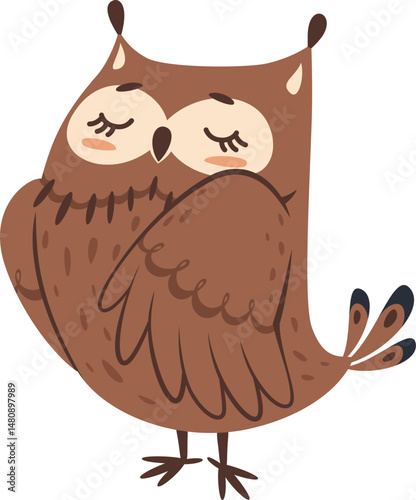 Adorable cartoon owl sleeping peacefully with eyes closed, featuring soft brown plumage and tiny claws, creating a charming and tranquil atmosphere perfect for any nursery or decor