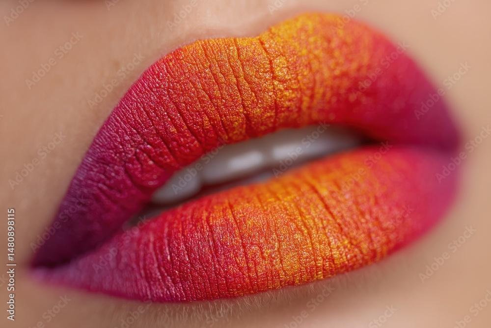 Fototapeta premium Close-up studio shot showcasing vibrant ombre lips with a striking color gradient and a flawless, modern makeup design that emphasizes beauty and creativity.
