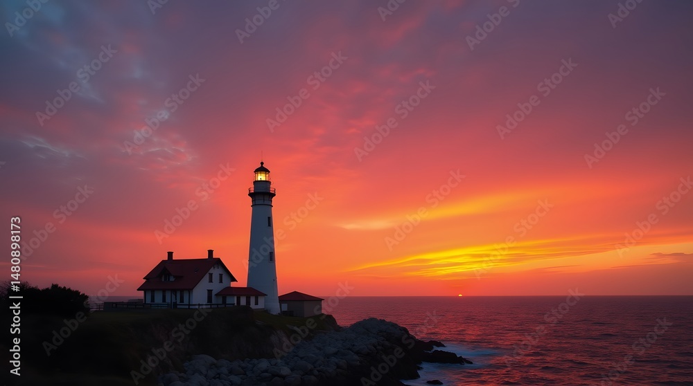 Fototapeta premium A picturesque lighthouse on a rocky coastline illuminates a sunset sky colored in fiery red and purple hues. A perfect seascape for romance and inspiration.