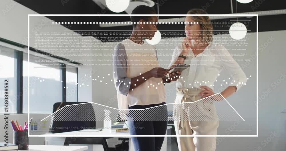 Two women reviewing tablet in tech office, overlay showing code snippets dot plots and line graphs