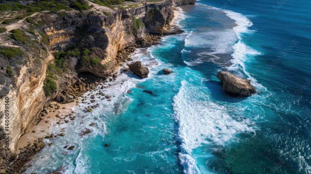Obraz premium A stunning image of stunning image of aerial View of Sea and Coastal Rocks with Ocean Blue Waves Crashing Against the Shoreline in a Natural Scenic Landscape.
