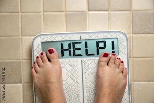 A womans feet on a bathroom scale displaying HELP! in a close-up shot, conveying the emotional weight of a weight-loss struggle - generated by ai