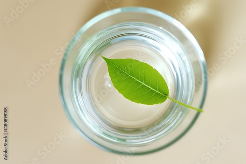 Clear glass of water with a green leaf on top  