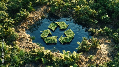 Eco-Friendly Water Reuse. 3D Concept Illustration of a Sustainable Pond Surrounded by Lush Jungle and Recycling Symbol