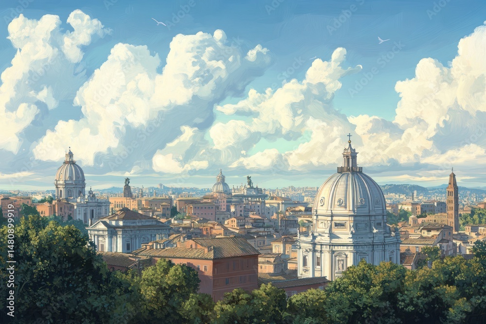 Obraz premium Panoramic cityscape view of a European city under a bright sky. Lush trees frame the view