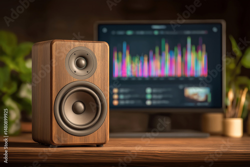 Acoustic Harmony: An elegant wooden speaker takes center stage, harmonizing with a computer displaying vibrant sound waves in a modern setting, hinting at the power of sonic artistry.