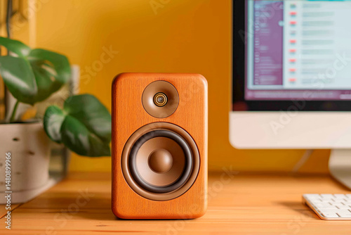 Wooden Speaker on Desk: A close-up shot of a stylish wooden speaker resting on a wooden desk, blending seamlessly with the warm hues of the workspace. It's a symphony of design and functionality.