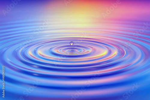 Water Ripples of Tranquility: A single drop of water creates mesmerizing ripples on a serene blue surface, radiating outwards in a symphony of soft, pastel colors.