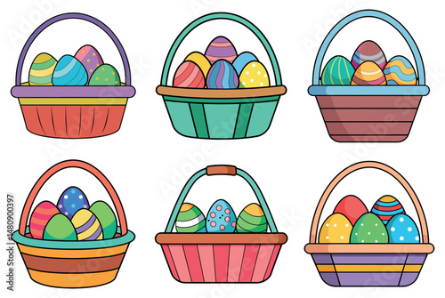 Colorful easter eggs, a holiday set of sweet painted eggs in a basket, an illustration for the spring celebration