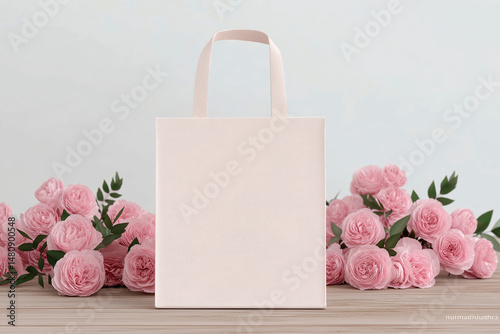 Eco-Friendly Tote Bag amidst Floral Display: A reusable tote bag stands elegantly amidst a vibrant display of delicate pink roses, emphasizing eco-conscious living and sustainable style.