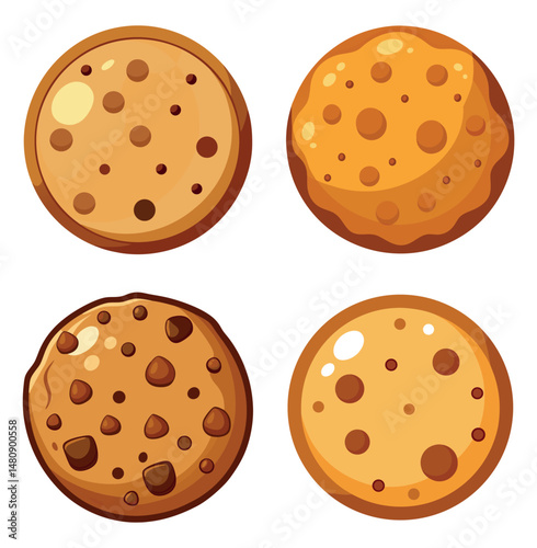 A set of sweet chocolate cookies and biscuits, tasty baked snacks, are on a white background