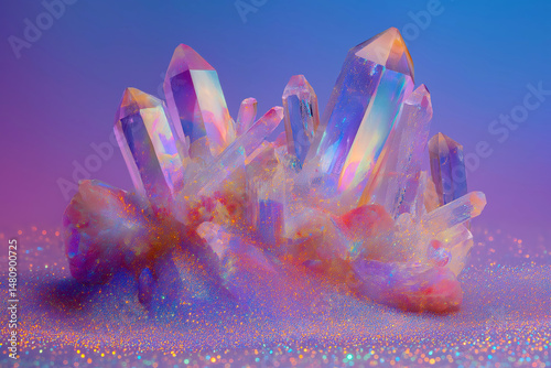 Iridescent Quartz Cluster: A stunning quartz cluster showcases an array of luminous crystals in a captivating arrangement, radiating with vibrant hues and a gentle, enchanting aura. 