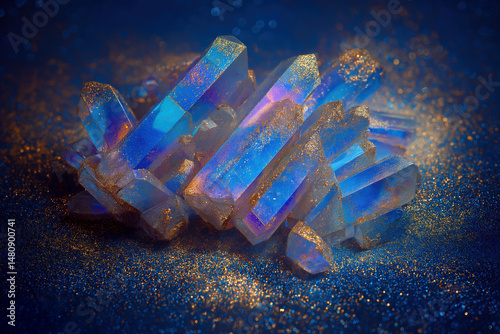 Mystical Aura Quartz Crystals: A mesmerizing close-up captures a radiant cluster of aura quartz crystals, each shimmering with a spectrum of vibrant colors against a dark, textured backdrop.