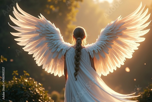 An angel - like figure with large white wings in a sunlit forest. Ideal for spiritual - themed art, fantasy - genre illustrations, and serene - atmosphere visuals. photo