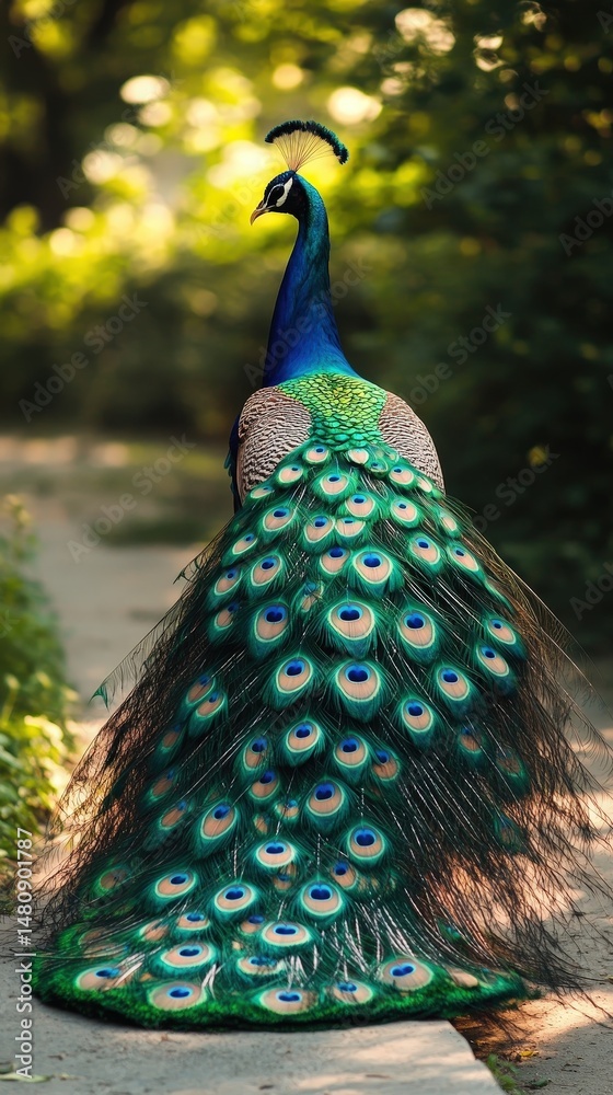 Obraz premium Majestic Peacock Displaying Vibrant Plumage on Rocky Outcrop, Nature Portrait, Wildlife Photography, Colorful Bird Close-up.
