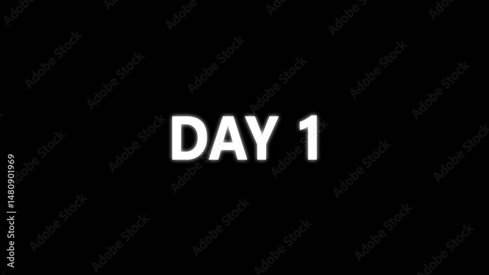 Day 1, Text Animation Videos 1 Day On Black Background.To Go white Logo Animation Videos 1 Day. Display day text animation with white font against a solid black background. Day 1, Text Animation Videos 1 Day On Black Background.To Go white Logo Animation Videos 1 Day. Display day text animation with white font against a solid black background.