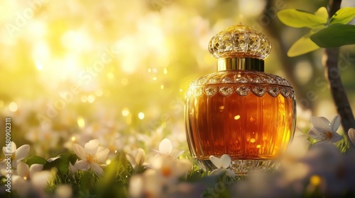 Luxury amber perfume bottle in sunlight golden hues white flowers nature background