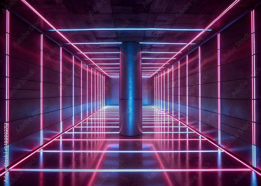Fototapeta premium Futuristic corridor with vibrant neon blue and pink lights.