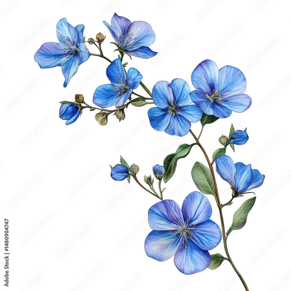 Fototapeta premium Blue flax flower branch isolated on transparent background