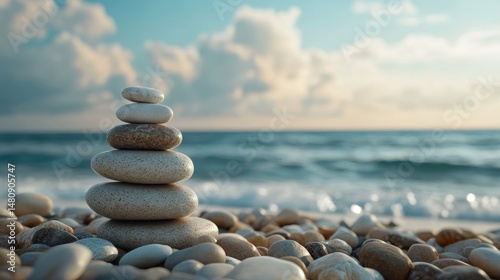 Harmonious Pebbles. Concept of Balance and Equilibrium on a Serene Beach