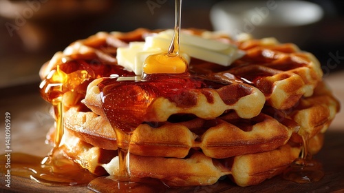 A stack of golden waffles topped with pats of butter and drizzled with dripping maple syrup