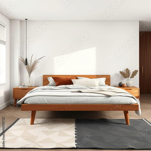 Muted color palette, magazine style, a bedroom with a touch of Scandinavian hygge, simple wooden bed frame, layered textiles in neutral tones, and a graphic rug with a subtle geometric pattern