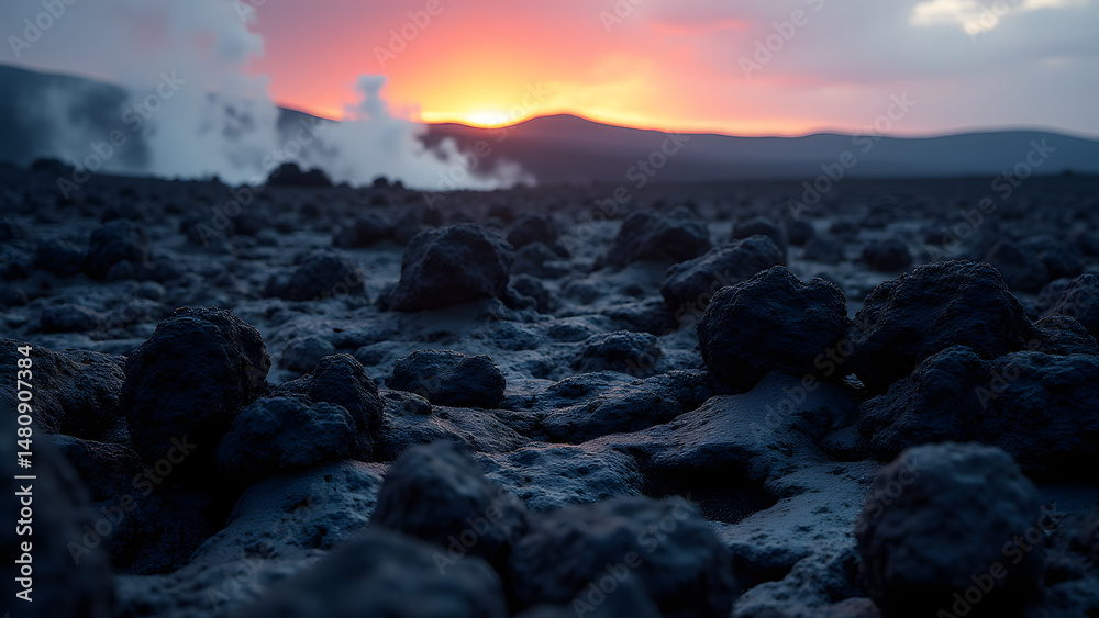 Obraz premium Rugged black lava field with porous volcanic rocks under dramatic twilight sky, extreme texture detail for HD wallpapers.