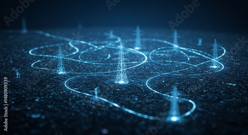 A futuristic, glowing network of power lines and towers connecting a city. The intricate system emphasizes energy distribution and connectivity.