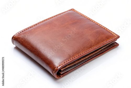 Brown leather wallet displayed on a white background showing texture and close up details