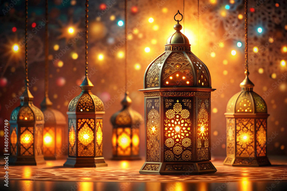 Fototapeta premium Decorative lanterns illuminate a festive atmosphere with warm lights and bokeh effect